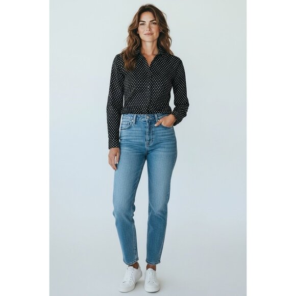 Express The Essential Shirt Button Up Long Sleeve Black/White Polka Dots Size XS - Picture 2 of 8